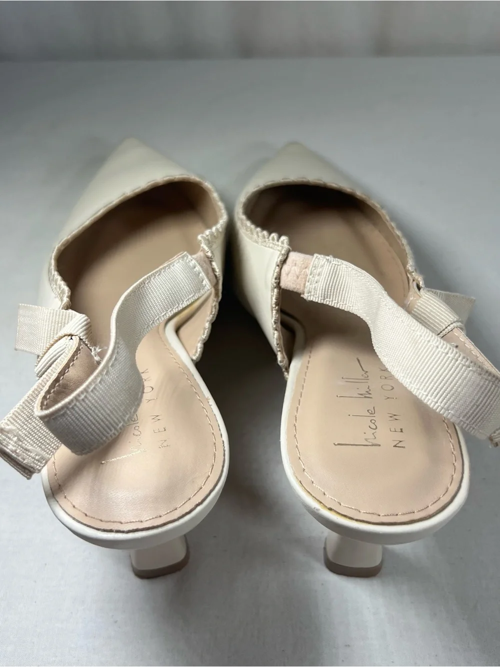 Nicole Miller Cream Pointed-Toe Slingback Flats with Scallop Trim